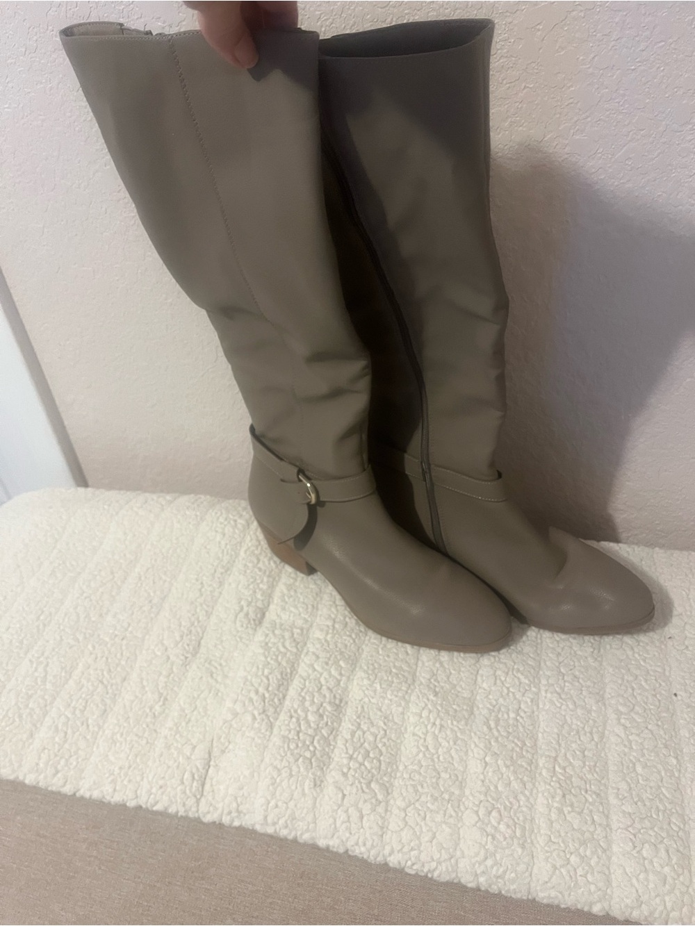me too Taupe Knee-High Riding Boots with Buckle Detail